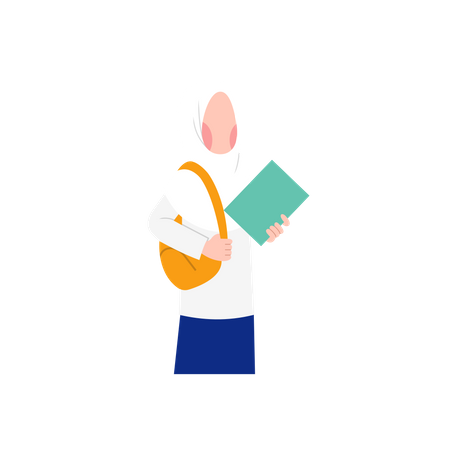 Hijab Estudiante con bolso y libro.  Ilustración