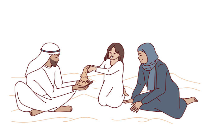 Hijab family is enjoying their vacation  Illustration