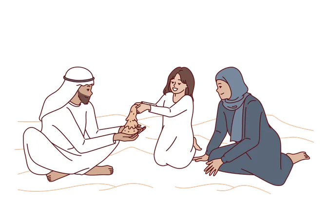 Arab Family Sits In Desert With Dunes Playing With Daughter With Sand And Enjoying Joint Weekend Happy Family From Arab Emirates Or Qatar Dressed In Ethnic Clothes For Concept Oriental Culture Illustration