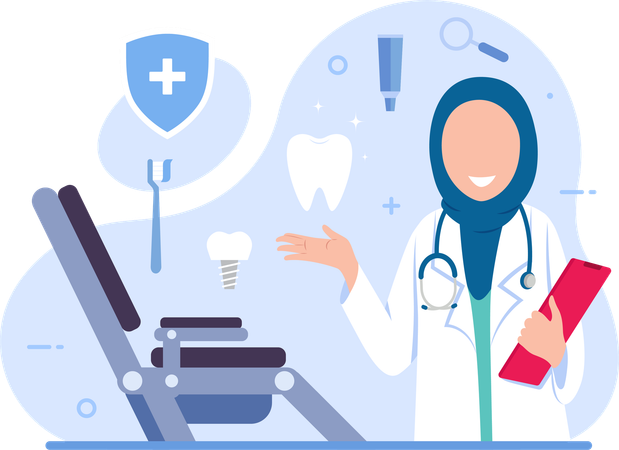 Hijab female dentist holding dentist report while showing dental equipments  Illustration