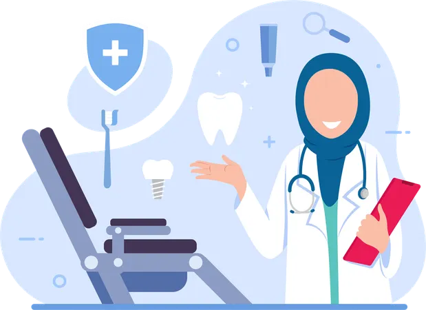 Hijab female dentist holding dentist report while showing dental equipments  Illustration