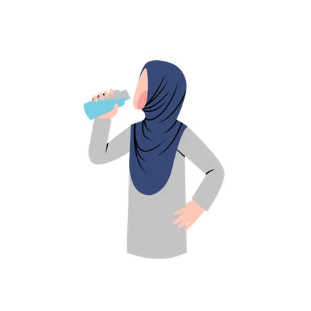 Une femme hijab boit de l'eau dans une bouteille  Illustration