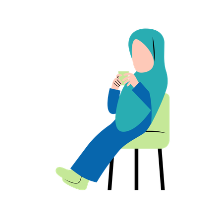 Femme Hijab, Boire Du Café Sur Une Chaise  Illustration