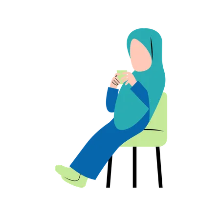 Femme Hijab, Boire Du Café Sur Une Chaise  Illustration