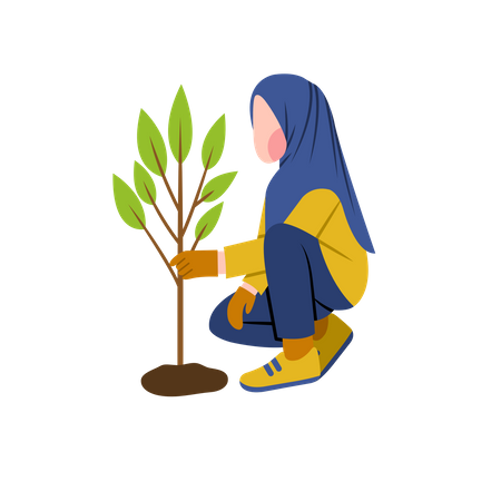 Femme hijab cultivant une plante  Illustration