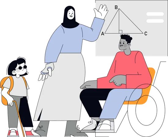 Femme hijab enseignant aux aveugles en cours de mathématiques  Illustration