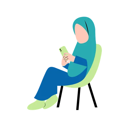 Femme Hijab Jouant Sur Un Smartphone Sur Une Chaise  Illustration