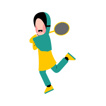 Une femme hijab joue au badminton  Illustration