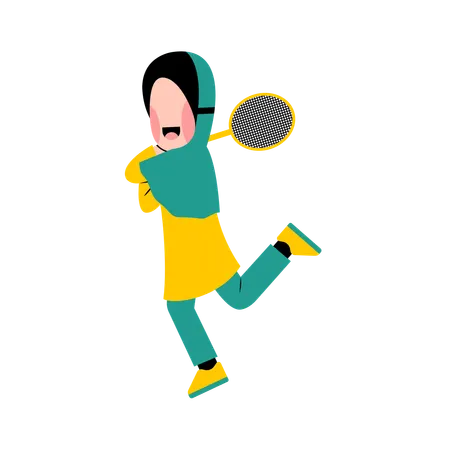 Une femme hijab joue au badminton  Illustration