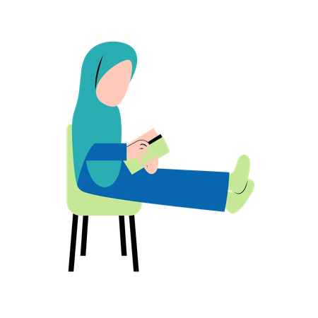 Hijab femme lisant un livre sur une chaise  Illustration