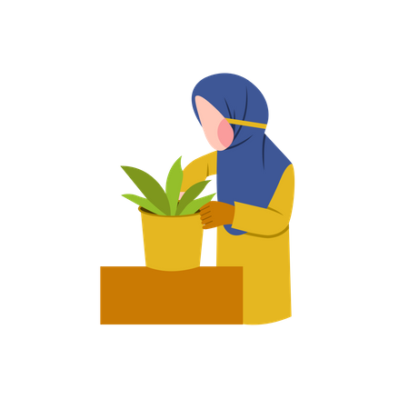 Femme hijab prenant soin de la plante  Illustration