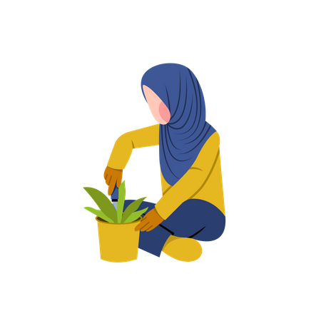 Femme hijab prenant soin de la plante  Illustration