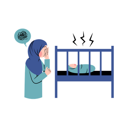 Une femme hijab souffre du syndrome post-partum  Illustration