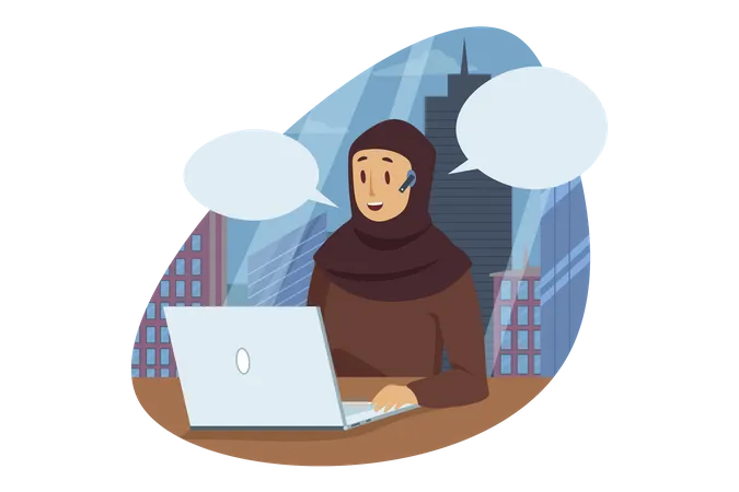 Chat fille hijab sur ordinateur portable  Illustration