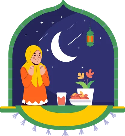 Prière Iftar Fille Hijab  Illustration