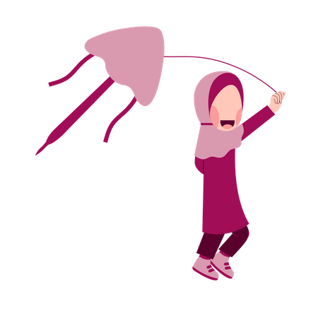 Fille hijab jouant au cerf-volant  Illustration