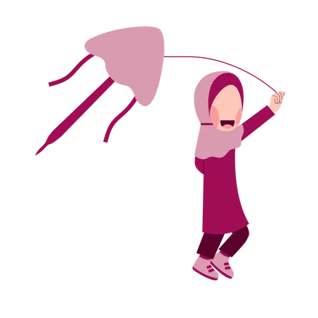 Fille hijab jouant au cerf-volant  Illustration