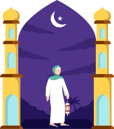 Fille hijab tenant une lanterne arabe  Illustration