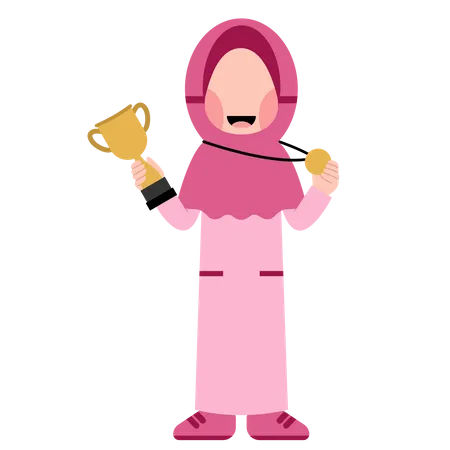 Fille hijab tenant la coupe du trophée et la médaille  Illustration