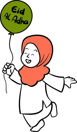 Hijab girl carrying  happy eid balloon  Illustration