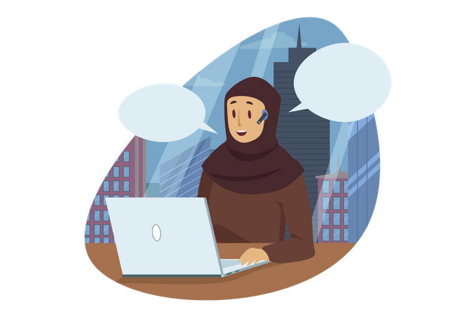 Chat de chica hijab en la computadora portátil  Ilustración