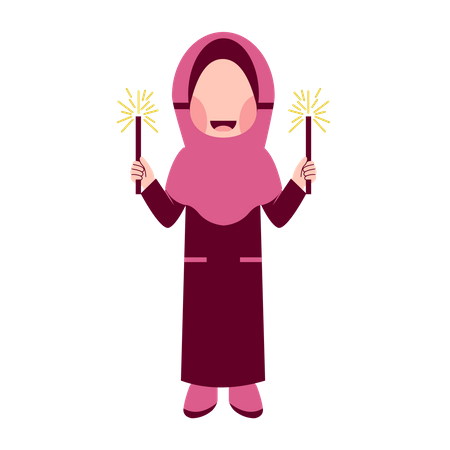 Garota Hijab com fogos de artifício  Ilustração