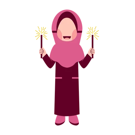 Garota Hijab com fogos de artifício  Ilustração