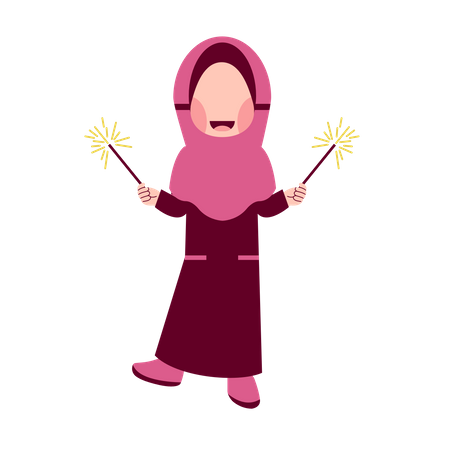 Garota Hijab estourando fogos de artifício  Ilustração