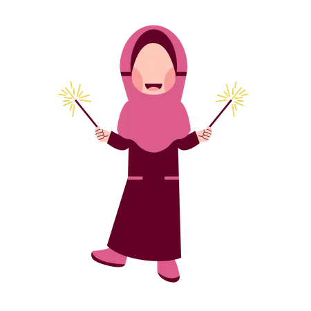 Garota Hijab estourando fogos de artifício  Ilustração