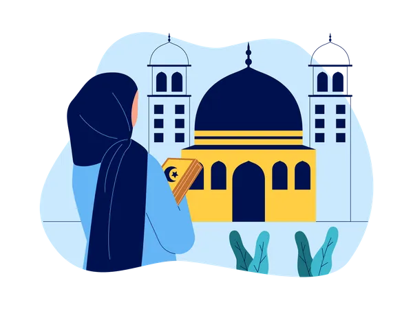 Hijab girl holding holy book at mosque  Illustration