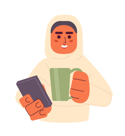 Hijab girl holding phone and drinking tea  イラスト