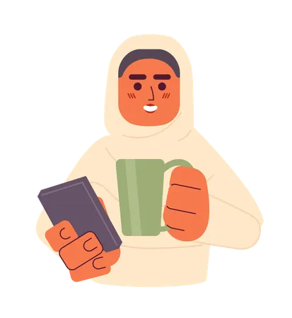 Hijab Girl Holding Phone Drinking Tea 2 D Cartoon Character Muslim Young Adult Woman Isolated Vector Person White Background Typing Gadget Coffee Mug Modern Lifestyle Color Flat Spot Illustration Illustration