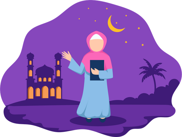 Hijab girl holding Quran while waving hand  Illustration