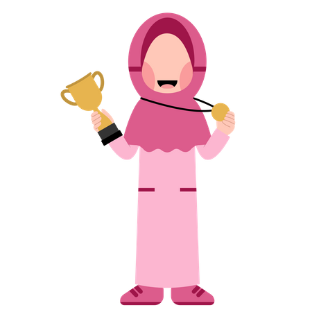 Hijab girl holding trophy cup and medal Illustration