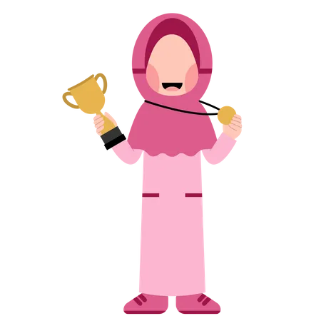 Hijab girl holding trophy cup and medal  Illustration
