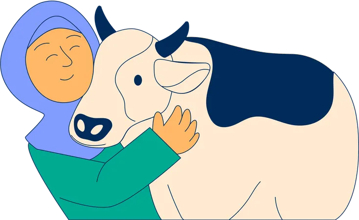 Hijab Girl Hugging Cows  Illustration
