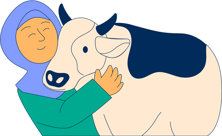 Hijab Girl Hugging Cows  Illustration