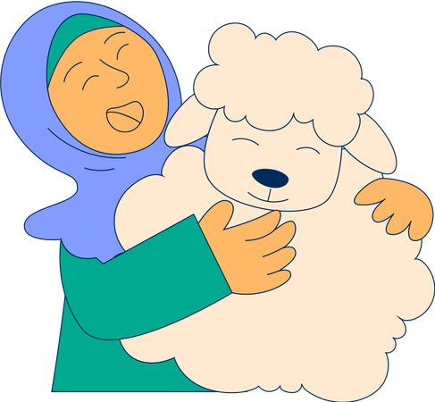 Hijab Girl Hugging Goat  Illustration