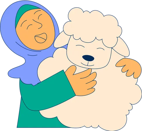 Hijab Girl Hugging Goat  Illustration