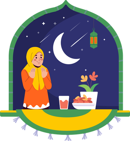 Hijab Girl Iftar Prayer  Illustration