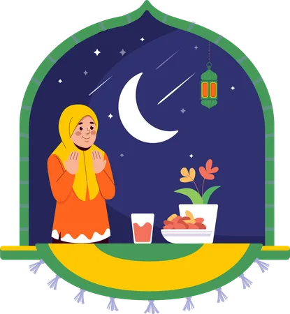 Hijab Girl Iftar Prayer  Illustration