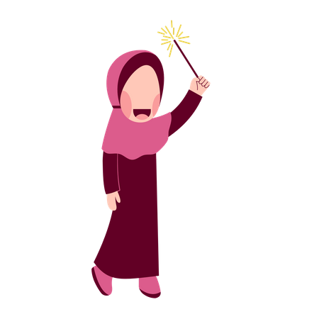 Hijab Girl Playing Fireworks  Illustration