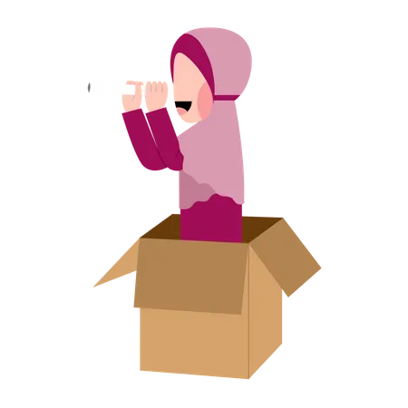 Hijab Girl Playing In Box  Illustration