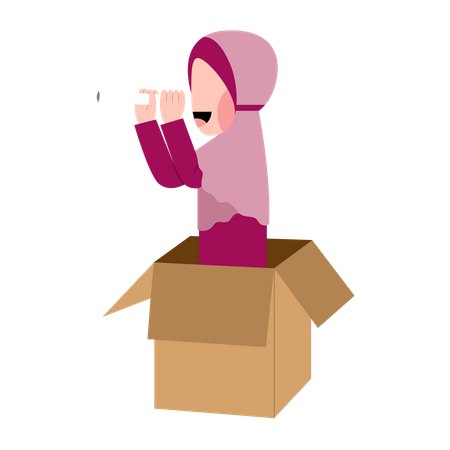 Hijab Girl Playing In Box  Illustration