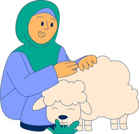 Hijab Girl playing with sheep that eating grass  Illustration