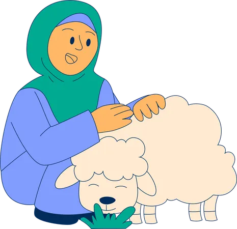 Hijab Girl playing with sheep that eating grass  Illustration