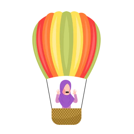 Hijab girl riding hot air balloon  Illustration