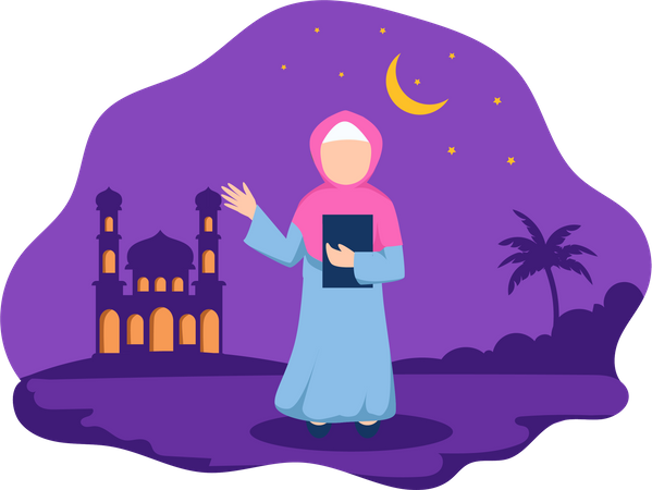 Garota Hijab segurando o Alcorão enquanto acena com a mão  Ilustração