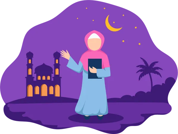 Garota Hijab segurando o Alcorão enquanto acena com a mão  Ilustração