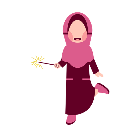 Garota Hijab segurando fogos de artifício  Ilustração